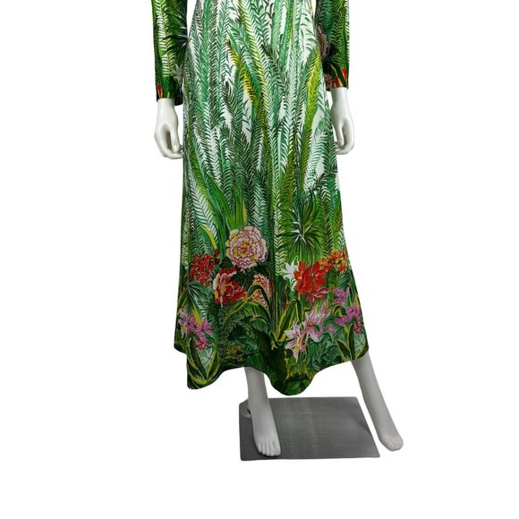 Vintage 70s Tropical Dress Womens XS Deep V Green Botanical Maxi Empire Bust - Picture 7 of 13